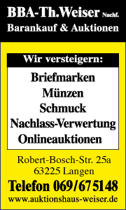 Banner von BBA Therese Weiser Nachf. In Langen mit Kontaktdaten für Briefmarkenankauf und Münzankauf in Frankfurt