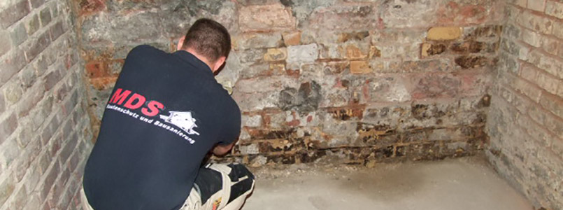 Fachmann von MDS Bautenschutz Liederbach bei Frankfurt am Main prüft feuchten Keller vor der Hausabdichtung