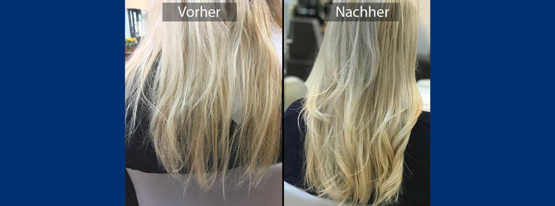 Kaputte Harre vor der Behandlung, schönes Harr nach der Behandlung