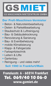 GS Miet Der Profi Maschinen Vermieter; Beton- und Natursteinbearbeitung, Staubschutz- und Luftreinigung, Renovierung und Sanierung, Frankfurt