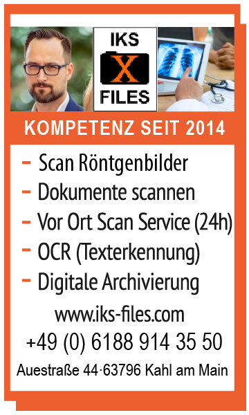 Banner mit Kontaktdaten und Leistungen von IKS-Files in Kahl für professionellen Röntgenbilder scannen und digitale Archivierung